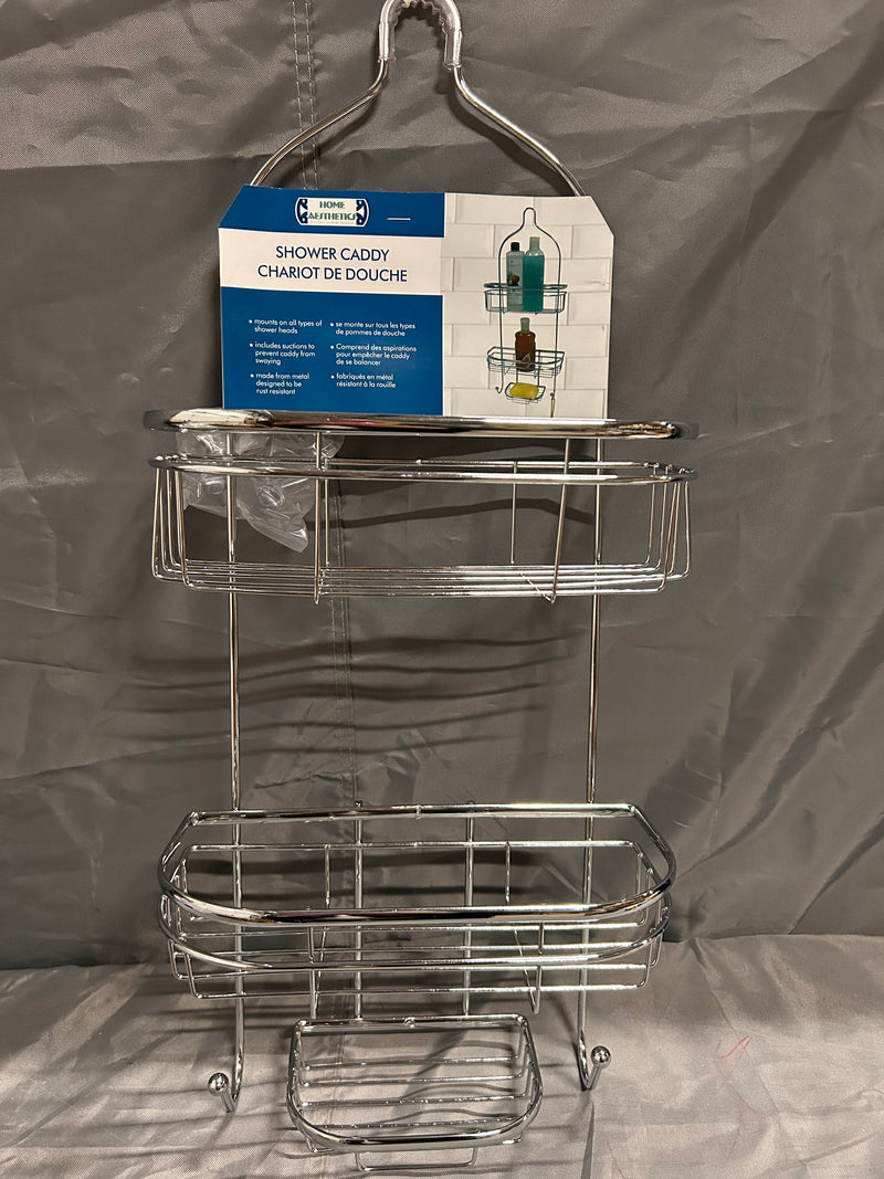Home Aesthetics silver shower caddy includes hooks for loofahs spot for soap and two shelves
