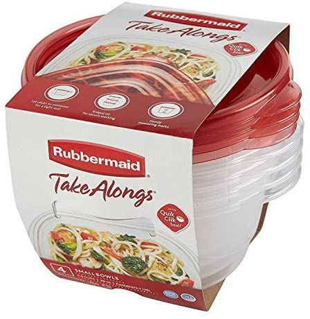 Rubbermaid TakeAlongs Small Bowls Food Storage Containers, 760 mL (3.2 Cup), Red Lids, Pack of 4