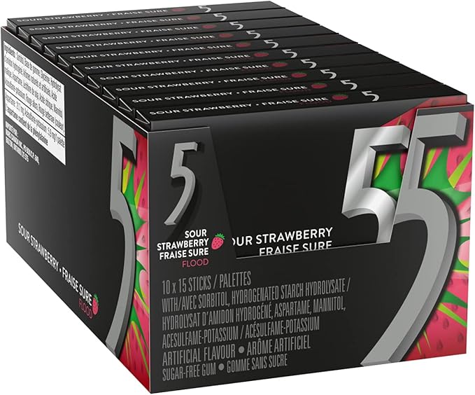Wrigley Five-Sour Strawberry --10 pkgs per box.