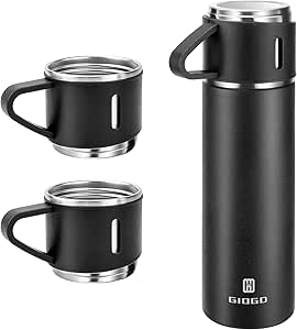 Stainless steel black thermos with 3 cups