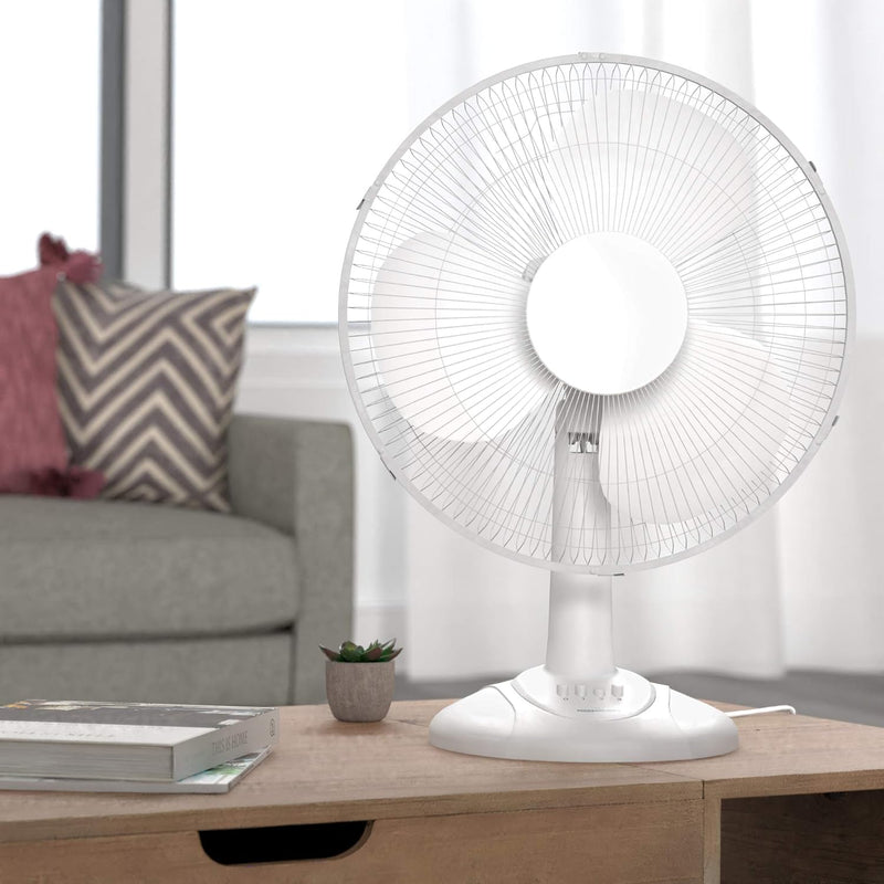 Amazon Basics Oscillating Table Fan with 16-Inch Blades, 3 Speed Settings, White