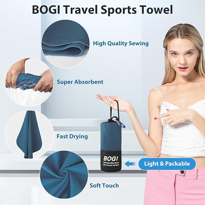 BOGI Microfiber Towel-Quick Dry Towel (XL: 72"x32" + 16"x16" - Navy Blue)