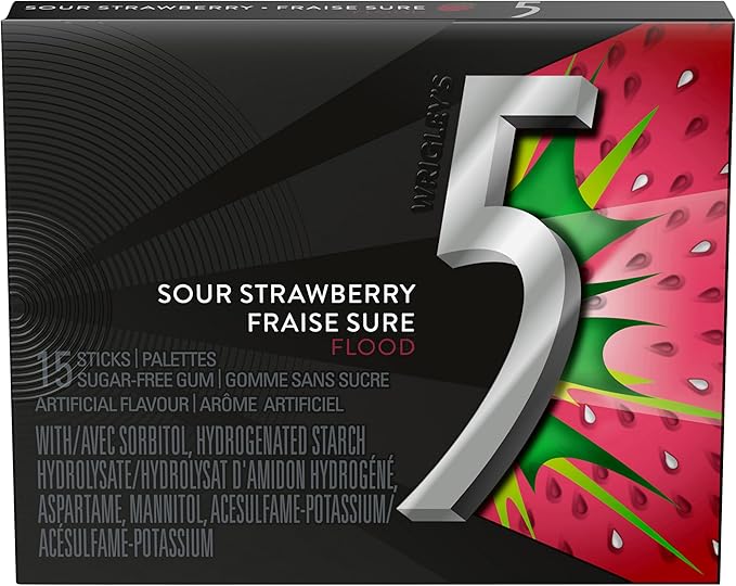 Wrigley Five-Sour Strawberry --10 pkgs per box.