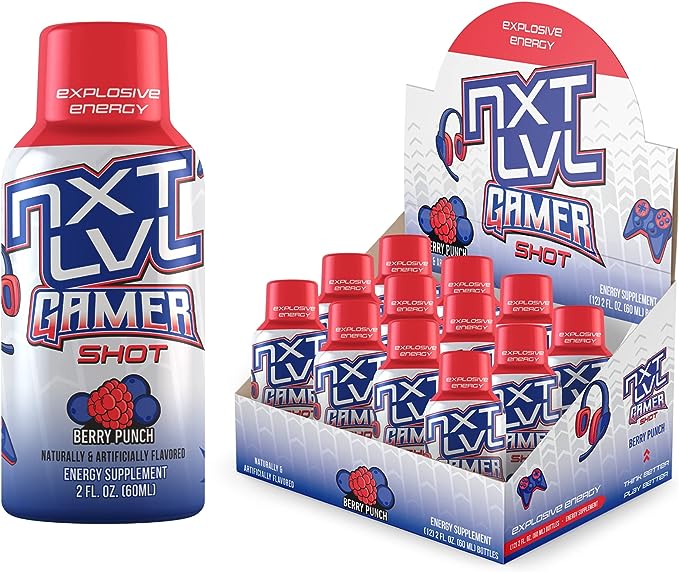 NXT LVL Gamer Shot Berry Punch 2oz - Smooth & Sustained Energy for Gaming - Laser-Like Mental Focus and Clarity - 12 Gamer Shots