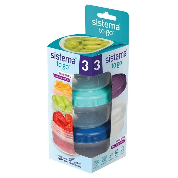 Sistema Mini Bites Snack Containers, Set of 3 Assorted Colours (3x130ml)