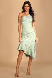 Sweet and Stylish Green Floral Jacquard One-Shoulder Midi Dress Size Large