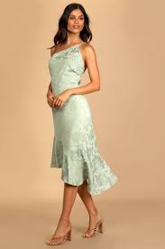 Sweet and Stylish Green Floral Jacquard One-Shoulder Midi Dress Size Large