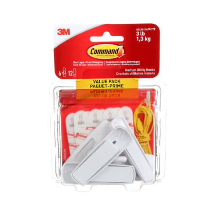 Command Utility Hooks, Medium, White, 3 lb (1.4 kg), 6 Hooks, 12 Strips, Value Pack