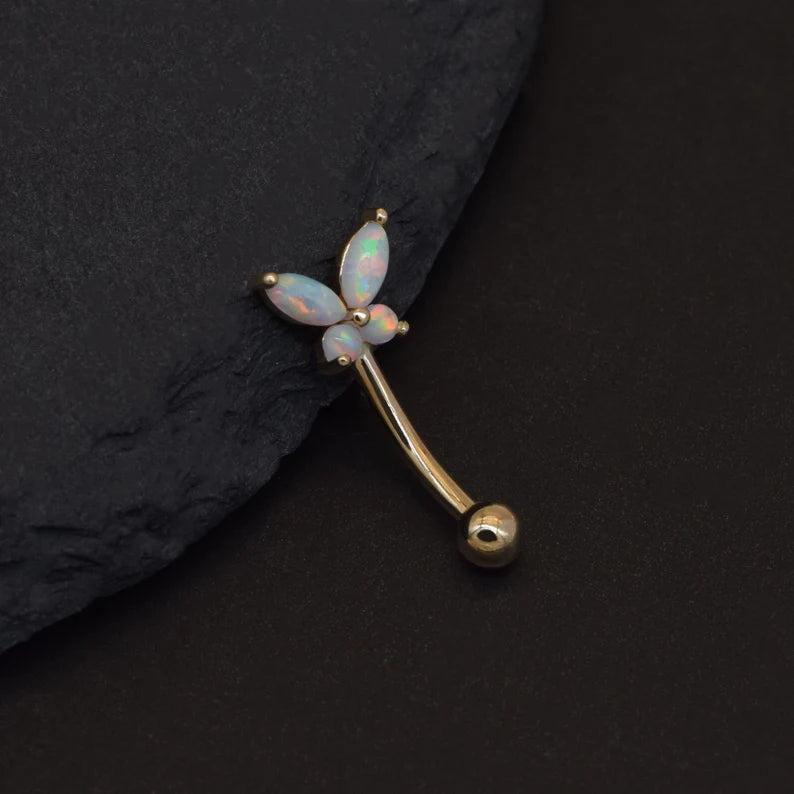 14K Solid Gold Butterfly Opal Curved Barbell Earring