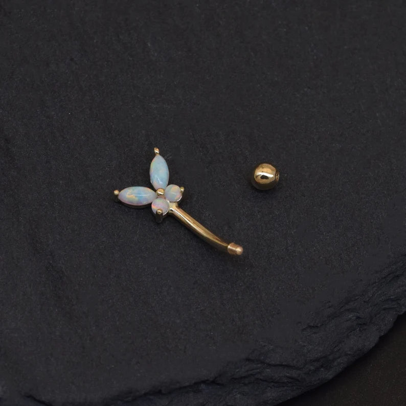 14K Solid Gold Butterfly Opal Curved Barbell Earring