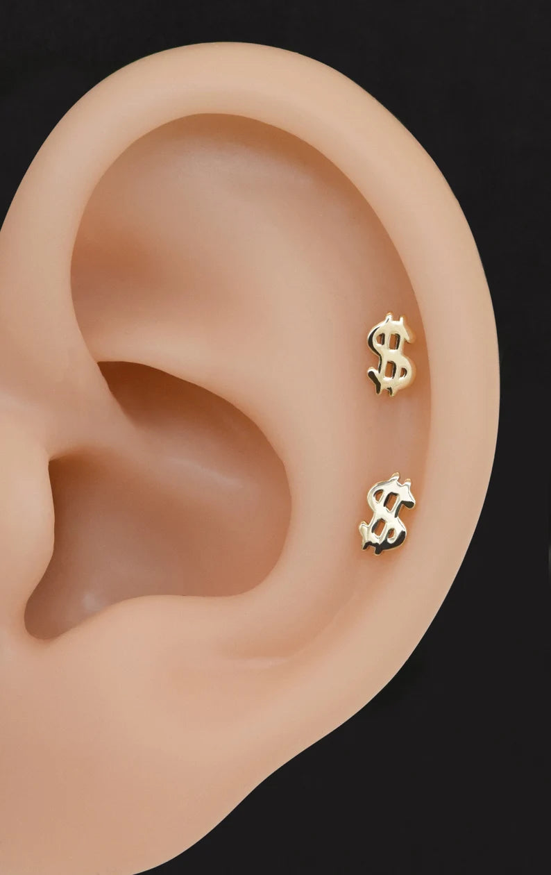 14k Solid Gold Dollar Sign Cartilage Earring--10mm post-sold as singles
