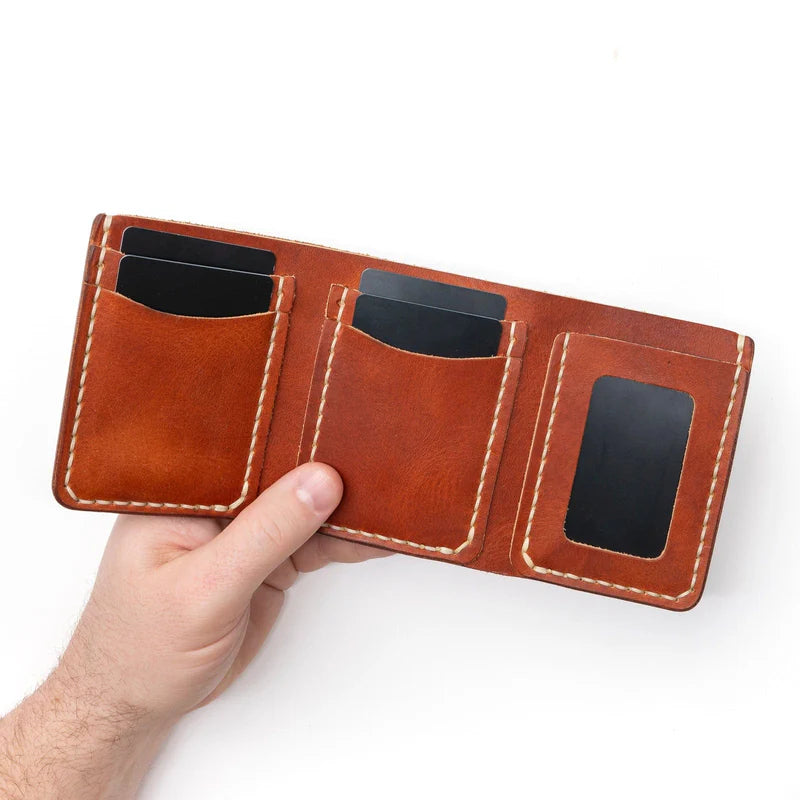 Leather Trifold Wallet - English Tan (in black drawstring bag)