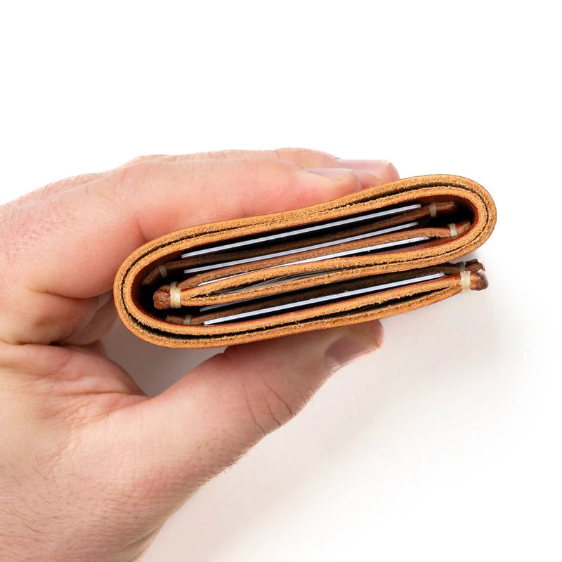 Leather Trifold Wallet - English Tan (in black drawstring bag)