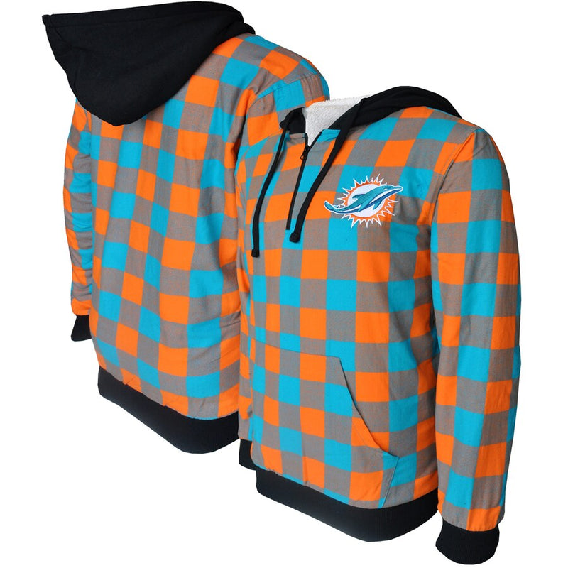 FOCO Men's Aqua/Orange Miami Dolphins Large Check Flannel Sherpa Quarter-Zip (2XL)