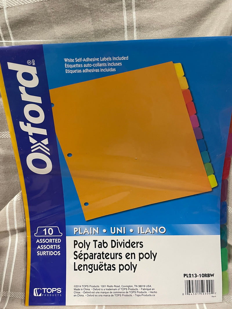 Oxford poly tab dividers 10 assorted colours